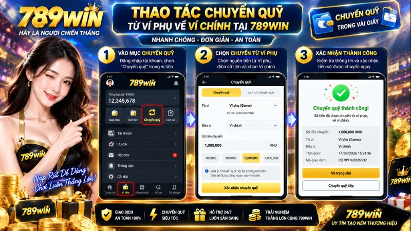Thao tác chuyển quỹ từ ví phụ về ví chính tại 789win